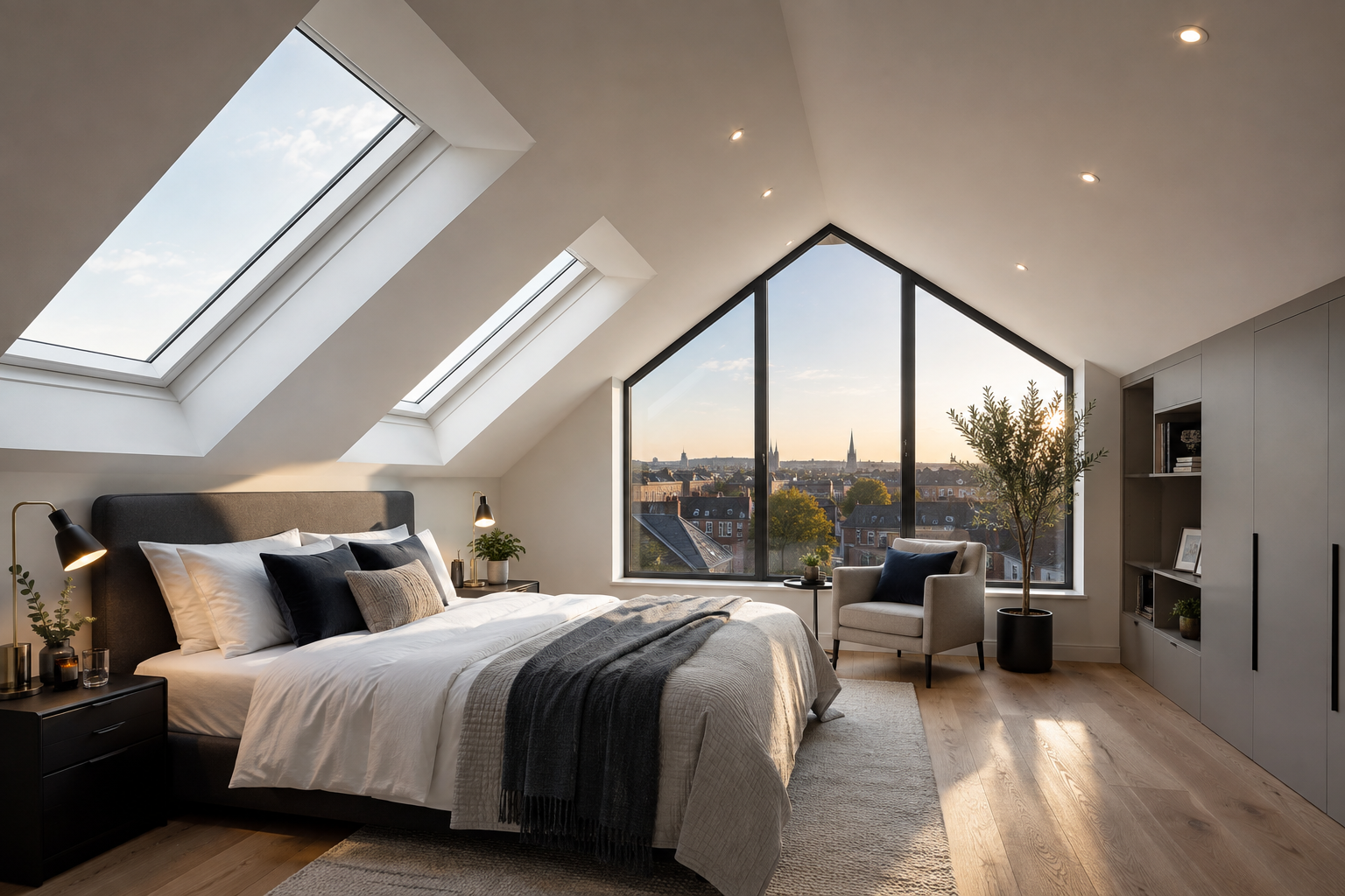 Finished attic conversion bedroom with dormer windows and Dublin skyline view