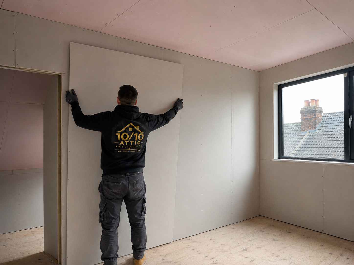10/10 Attic Specialists tradesperson fitting plasterboard on site, Dublin